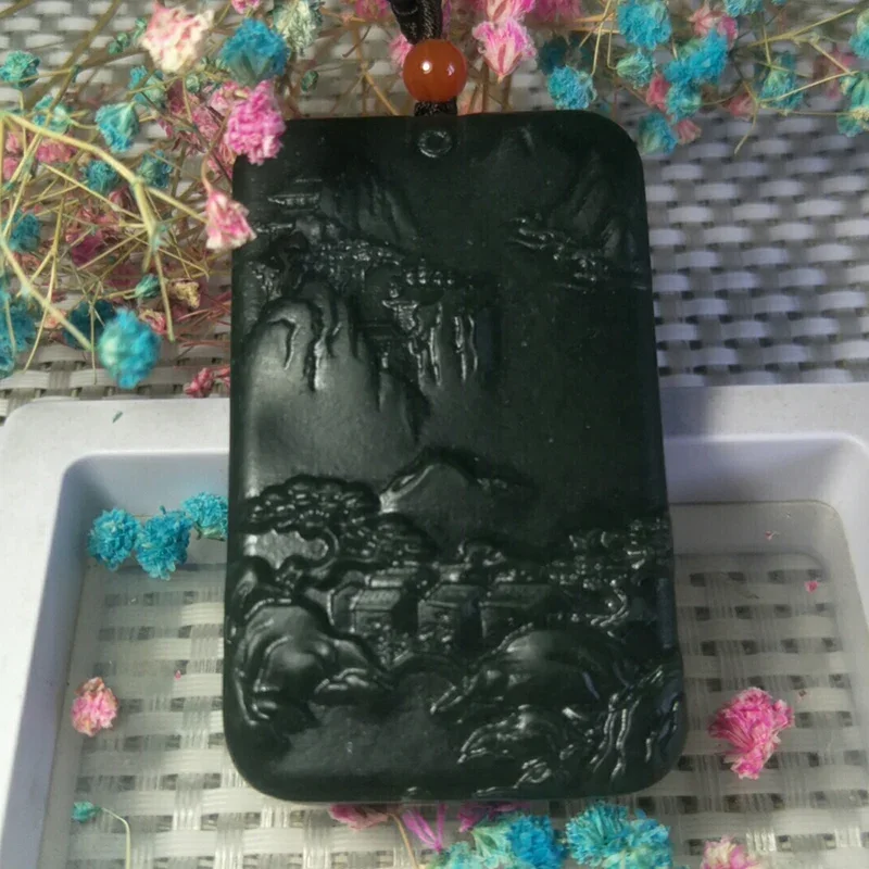 

Natural Hetian Jade Handwork Landscape Jade Pendant Jewelry Lucky Exorcise Evil Spirits Auspicious Amulet Fine Jewelry Pendant