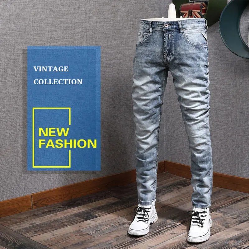 Fashion Designer Men Jeans Retro Washed Light Blue Elastic Stretch Slim Fit Ripped Jeans Men Trousers Vintage Denim Pants Hombre