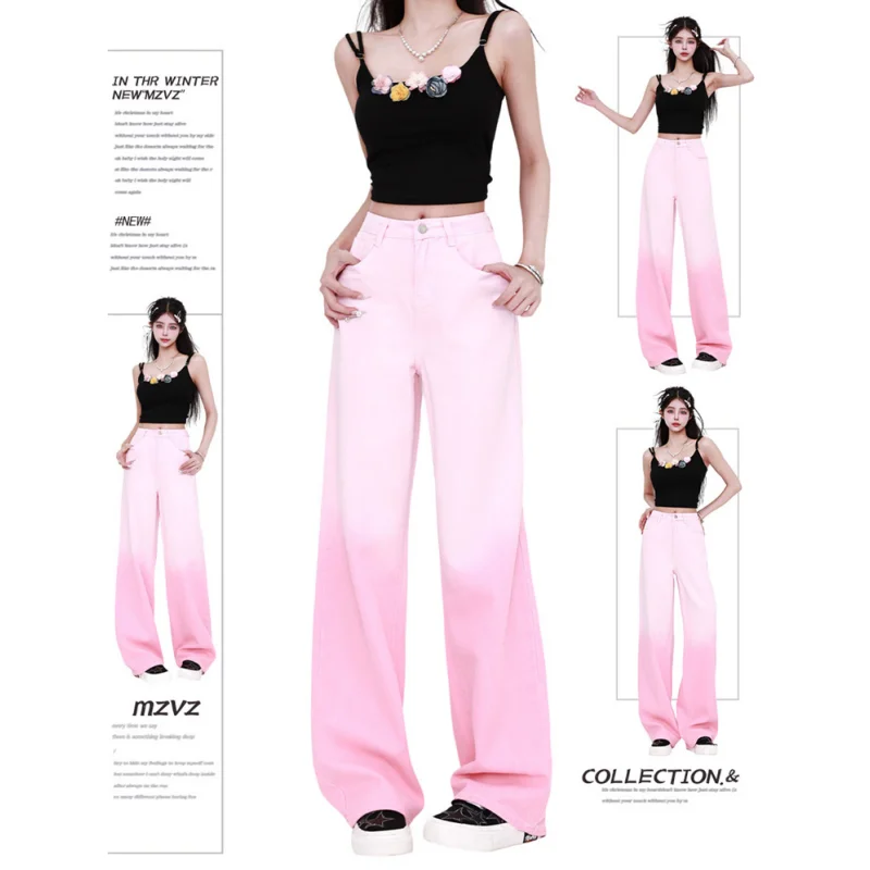 

High Waist Women Pink Jeans Hip-hop Gradient Vintage Streetwear Y2K Wide Leg Jean Plus Size Female Trouser Baggy Denim Pants