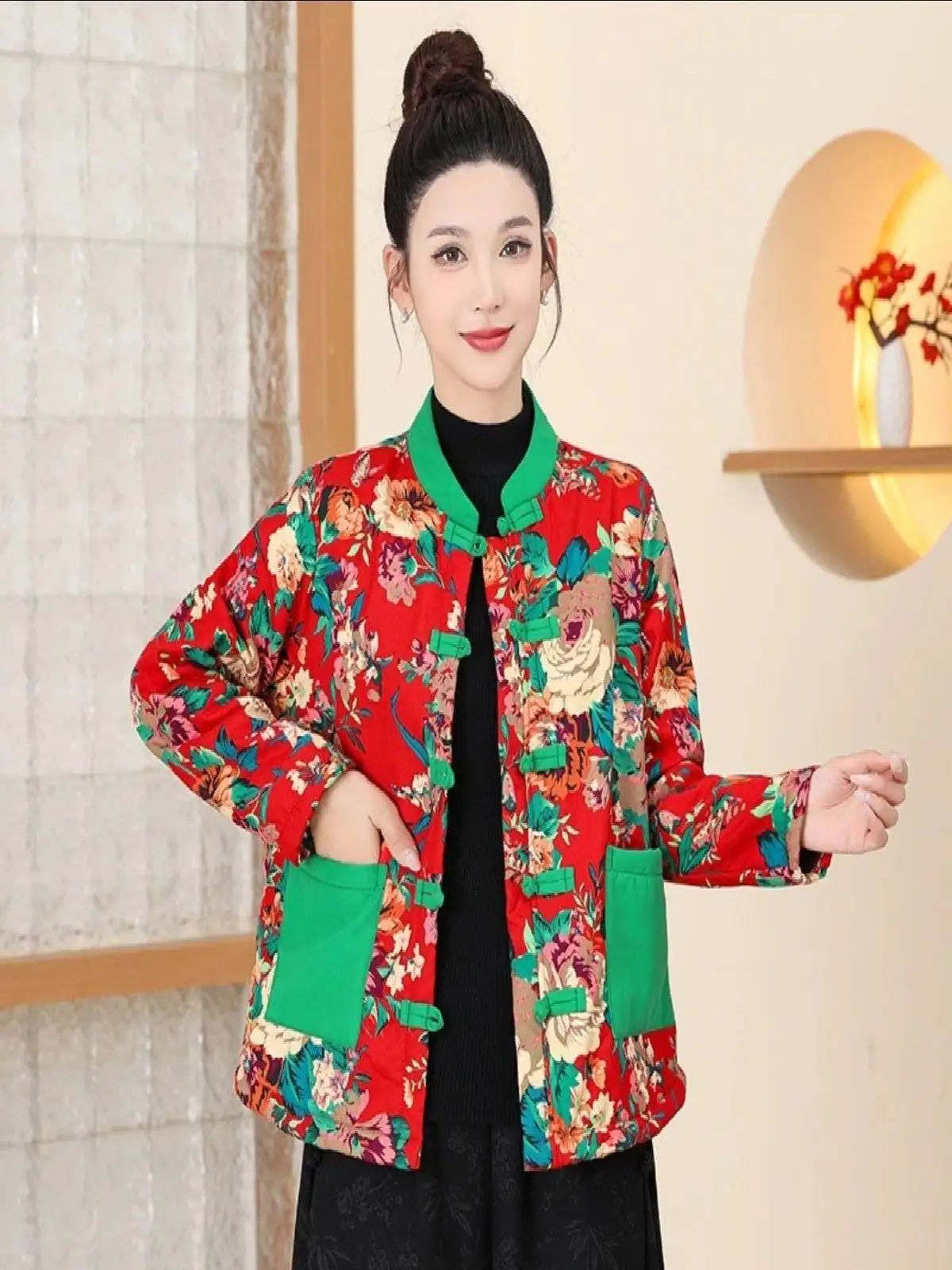 Thiened Fce 裏地付き大花柄コットンジャケット暖色系ブロ冬コートエスニックレトロ中国風女性用アウター