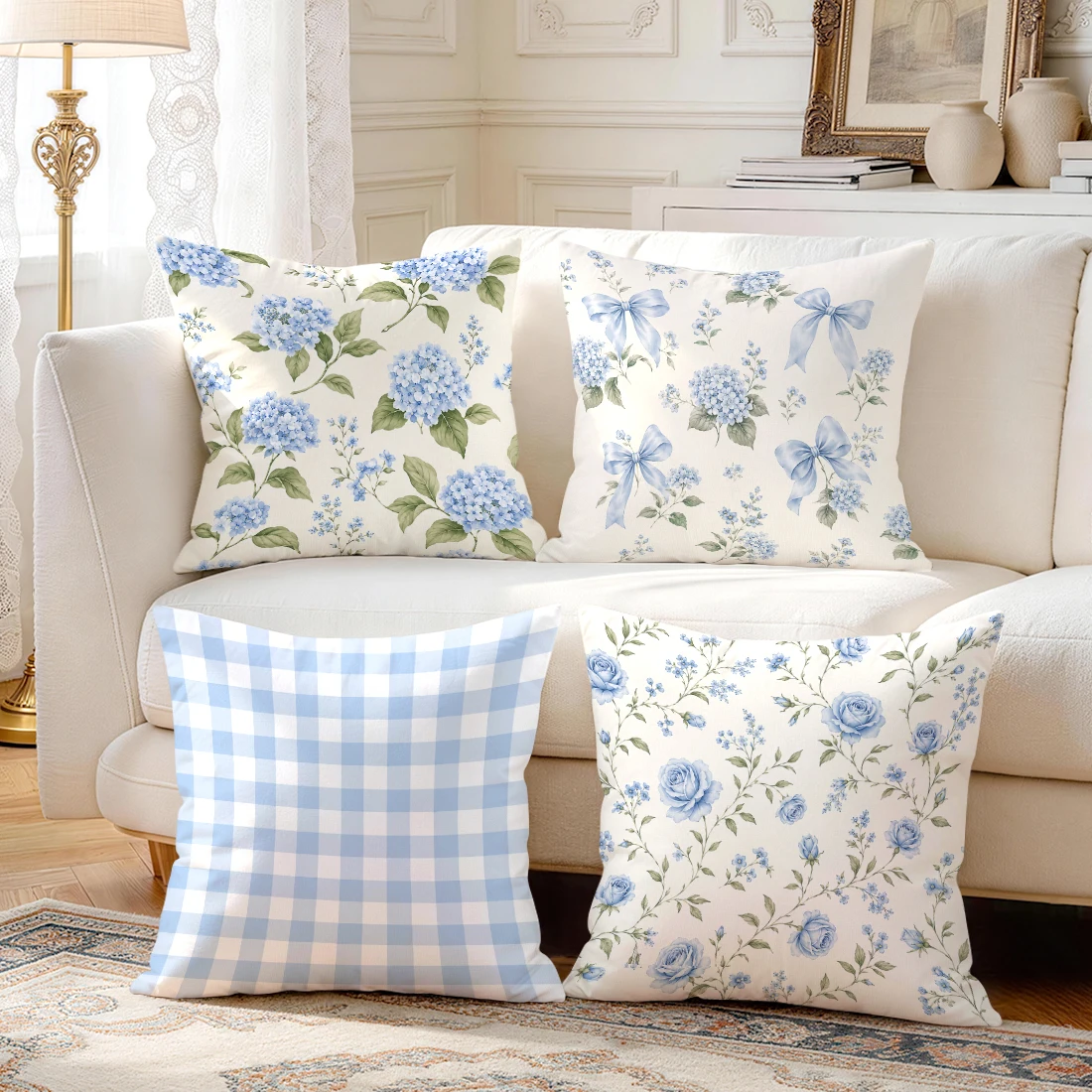 Blue Hydrangea Rose Pillowcase Printed Polyester 40/45/50cm Throw Pillowcover Decorative Sofa Cushion Pillowslip Home Decor