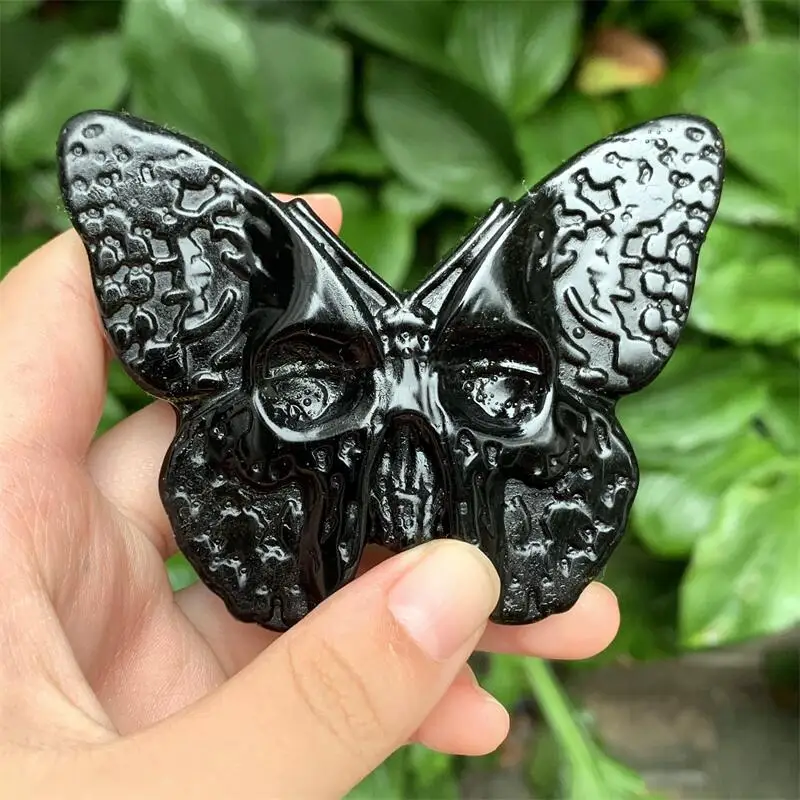 Natural Sliver Golden Obsidian Carved Butterfly Skull Figurine Crafts Wicca Indie Handicraft 1pcs