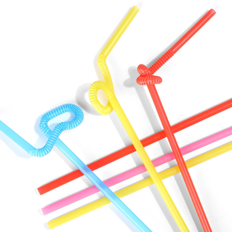 100Pcs Drinking Plastic Straws Colorful Art Long Flexible Wedding Party Supplies Kitchen Accessories