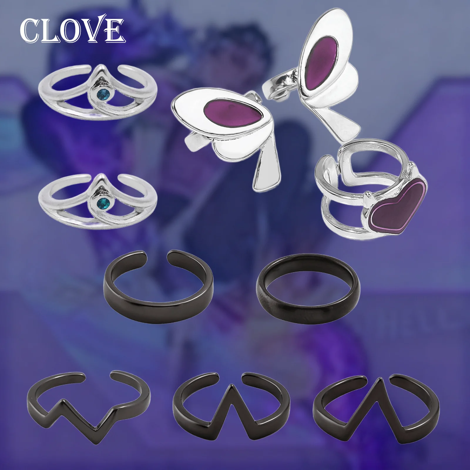 Game Valorant Ring Clove Ring Set Adjustable Silver Black Rings with Purple Heart Design For Women Men Jewelry Gift