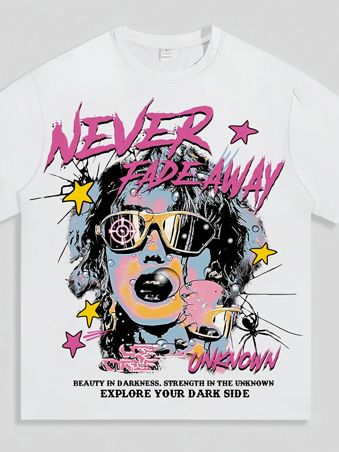 

FADEAWAY Women's Graphic T-Shirt - Cool Fashion Glasses Print with "Never Fade Away" & "Explore Your Dark Side" Design,