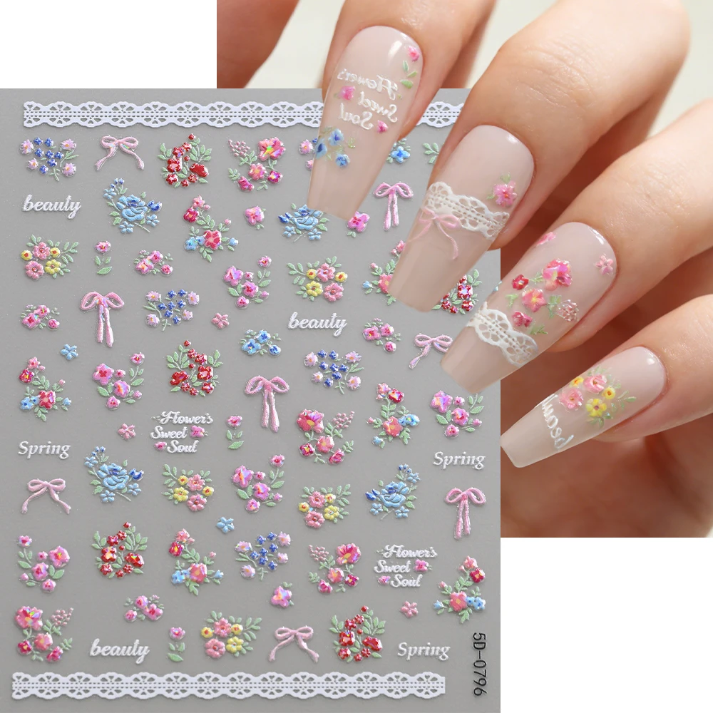 2/3Pcs 5D Laser Dreamy Flower Bow Nail Art Stickers Shiny Colourful Daisy Rose Tulips Wildflowers Nail Decals DIY Manicure Decor