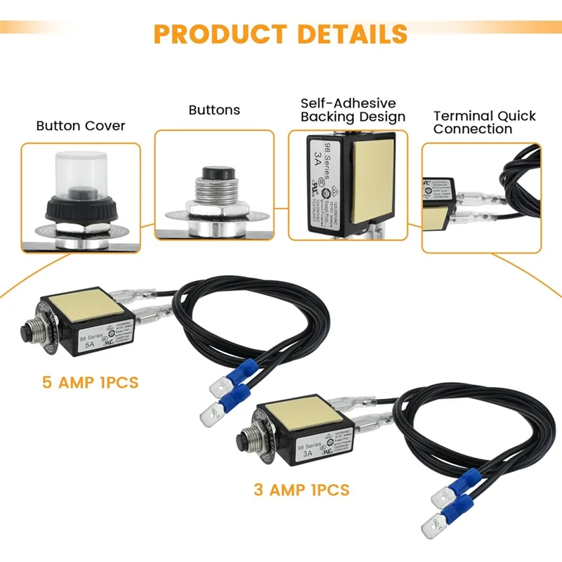 ABVA-زر ضغط يدوي لإعادة الضبط قطاع دارة رحلة تلقائية قطاع دارة حرارية أسلاك 18AWG وغطاء مقاوم للماء