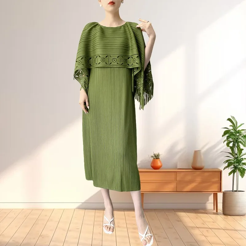 

2025 Miyake Stretch Cape Dress Pleated Fashion Loose Large Size Mid-length Women's Pleated Skirt Simple Comfortable Wrinkle-Free