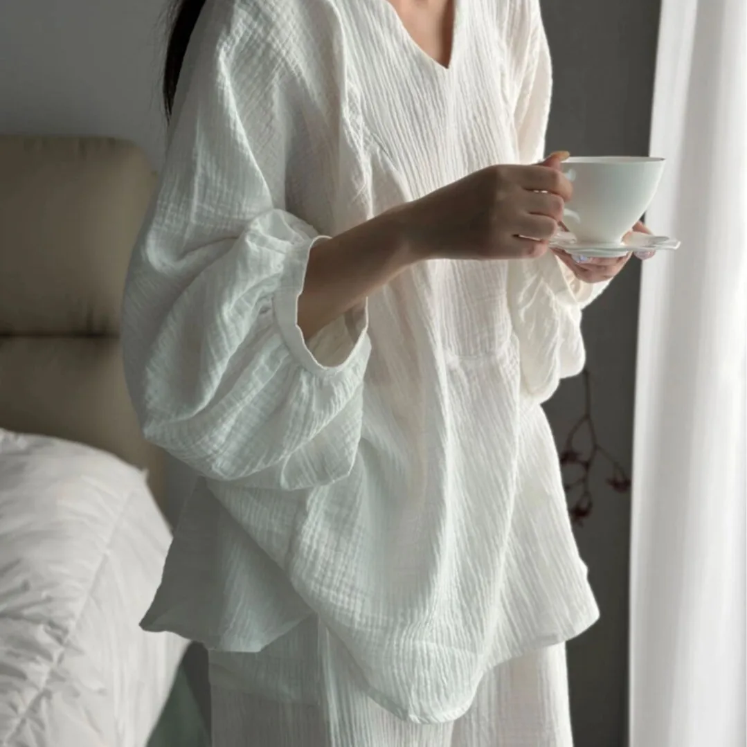 Spring and Autumn Women's Long Sleeved Pajama Home Clothing Set Pure White V-neck Long Sleeved Pants Pajama Home Clothing Set