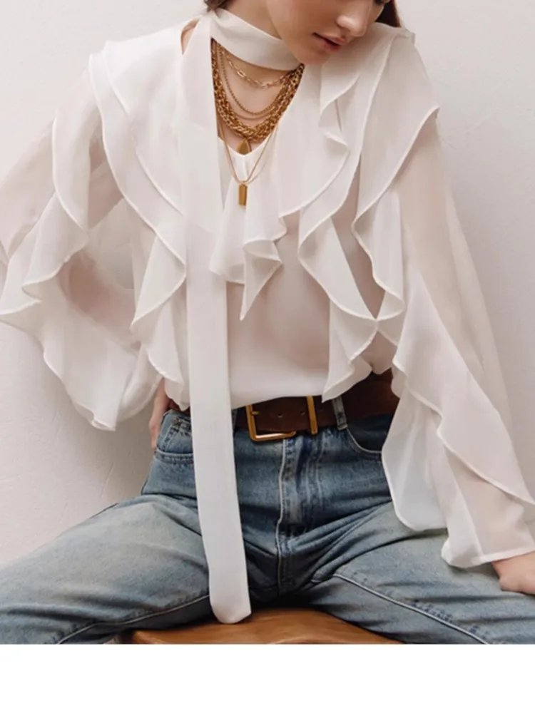 Chiffon Ruffle Top Autumn Loose Outerwear Commuting V-neck Shirt Women's Solid Color Elegant Versatile Long-sleeved Shirt Top