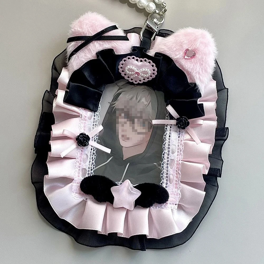 Toploader Lace Decoration Kpop Photo Card Holder Sleeves PVC Toploader Handmade Lace Card Holder Kawaii Pink Sleeves Case