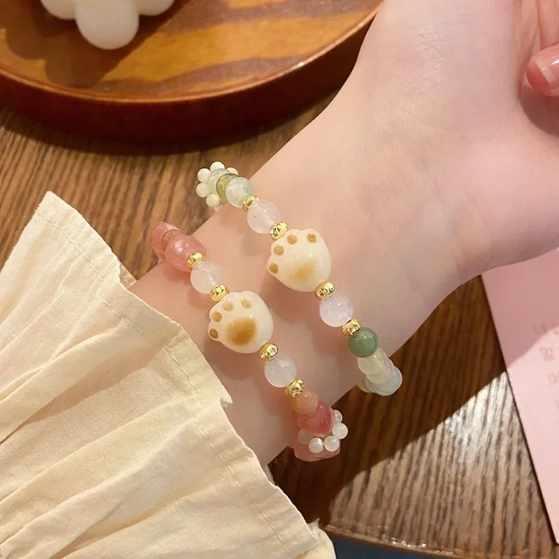 

New Naturally Lime Apple Green Agate Cat's Paw Bracelet Sweet Refreshing Charm Jewellery Fashion Fairy Handmade Exquisite Gift