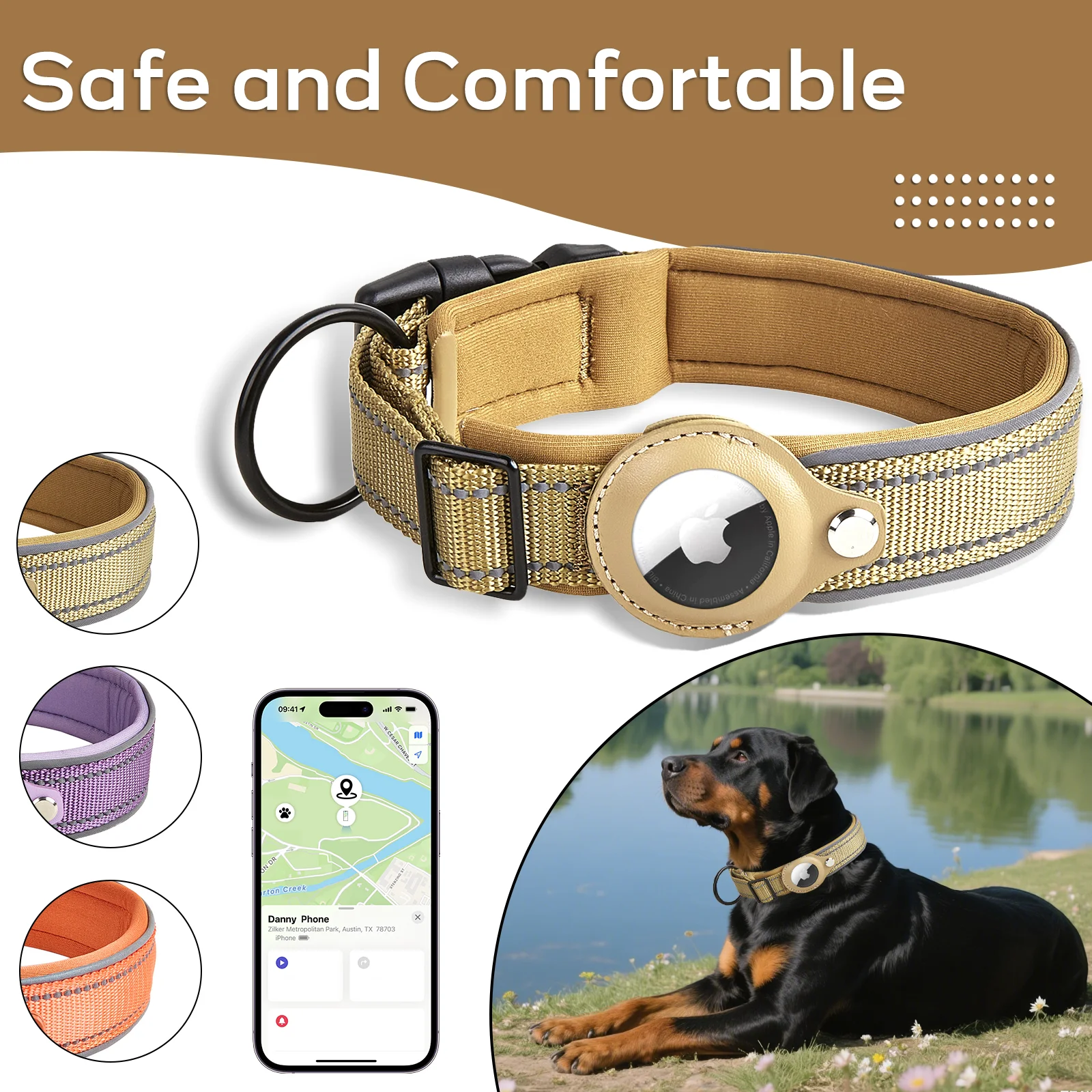 

Reflective Dog Collar with Dog Leash & Airtag Case Anti Lost Waterproof Adjustable Strap GPS Tracker Holder for Outdoor Walks