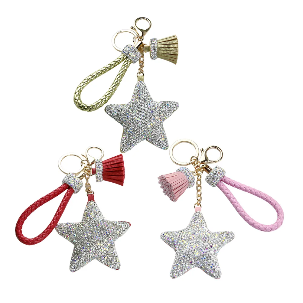 

Golden Rhinestone Pentagram Keychains Creative Star Key Holder Pendant PU Crystal Car Key Bag Ornaments Elegant Fashion Gift
