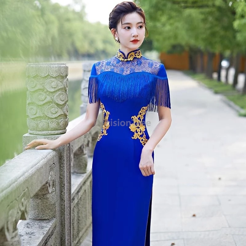 2025 أنيقة عصرية للحفلات الراقية تشيباو أداء مزاجي متقدم شيونغسام ريترو مرقعة عرض صيني تشيباو