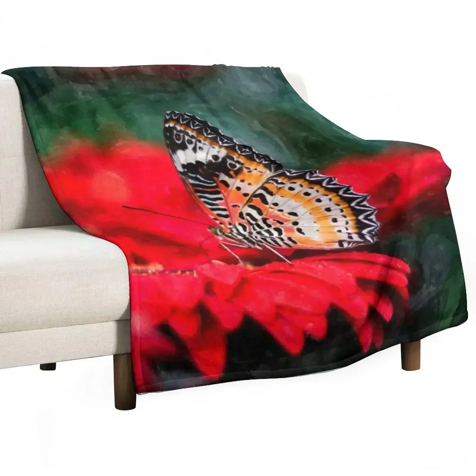 Butterfly on a red flower Throw Blanket Cute Plaid Bed Stuffeds bed plaid Extra Large Throw Kid'S Blankets