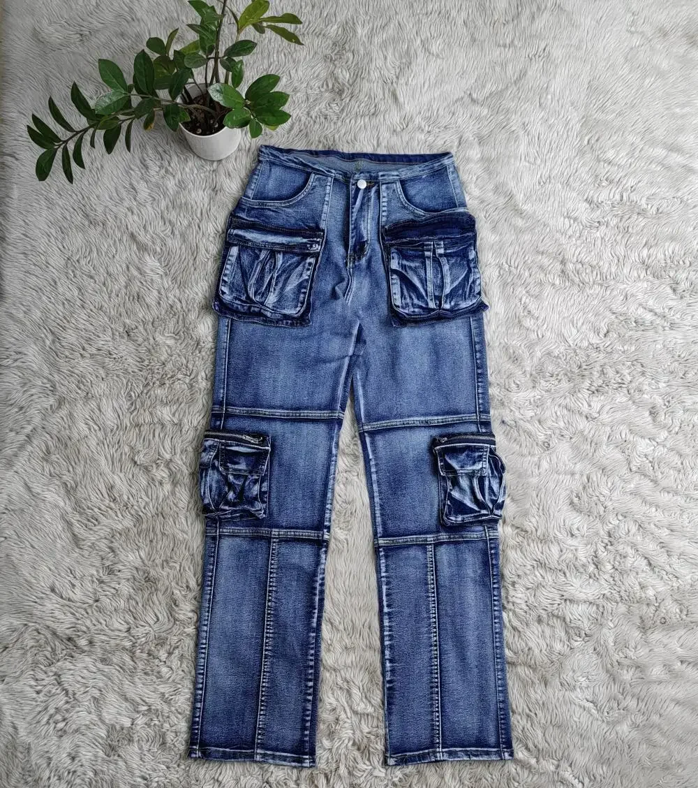 Washed Women Denim Cargo Pants with Pockets High Waist Zipper Fly Straight Jeans 2024 Spring New Chic Streetwear Bottoms Outfits