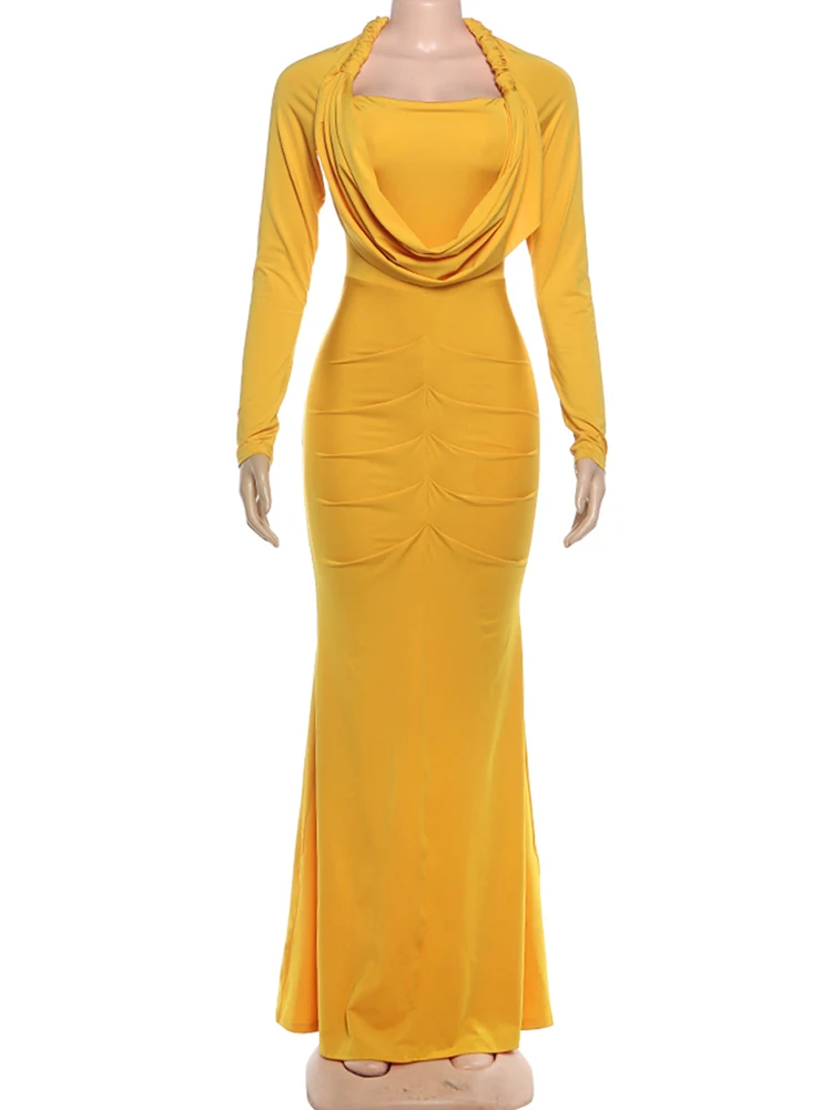 Nibber Hipster Swing Collar Long Dress Woman Full Sleeve Prom Party Casual Elegant Skinny High Stretch Midnight Ruched Vestidos