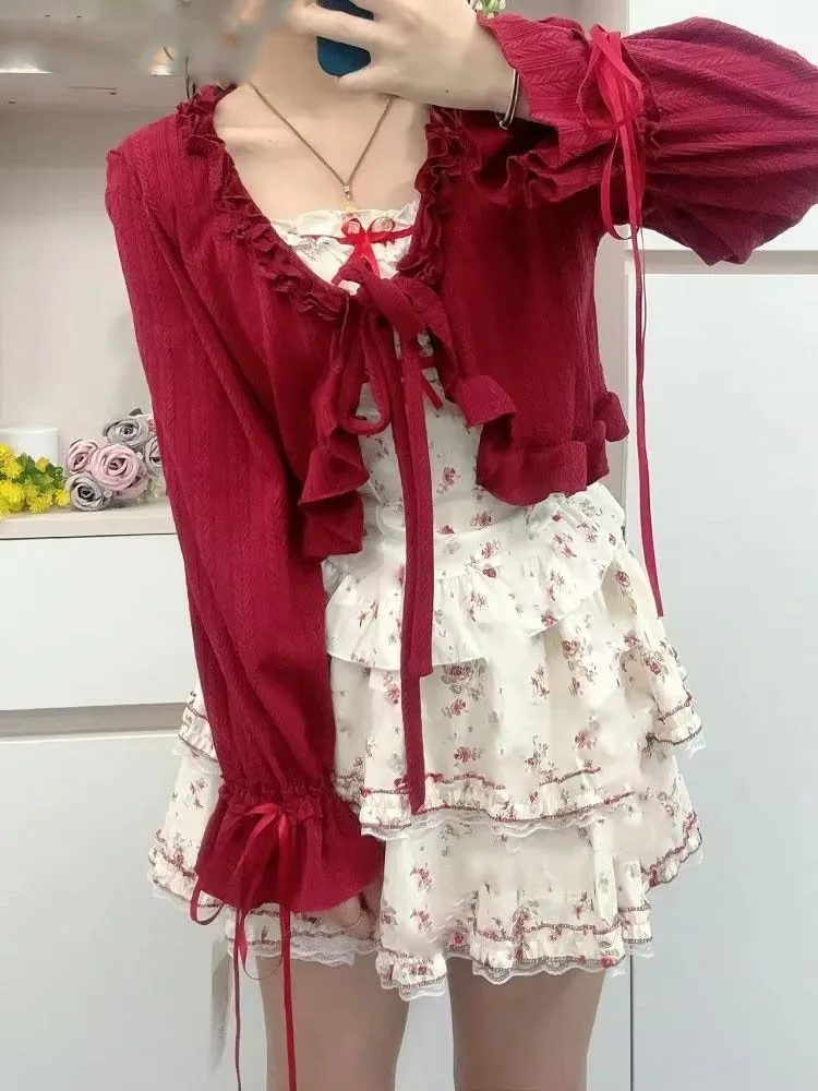 Lolita Knitted Cardigan Women Y2k Ruffles V Neck Bandage Slim Fit Crop Top Japanese Cute Versatile Long Sleeve Coats