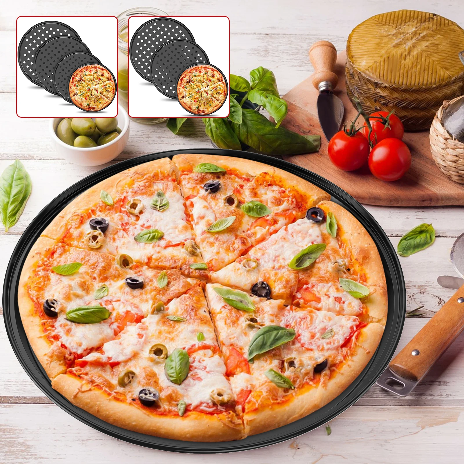 3Pcs / 4Pcs Pizza Pan with Perforated Holes Non Stick Pizza Trays 3 Sizes / 4 Sizes Pizza Baking Pan Carbon Steel Pizza Baking