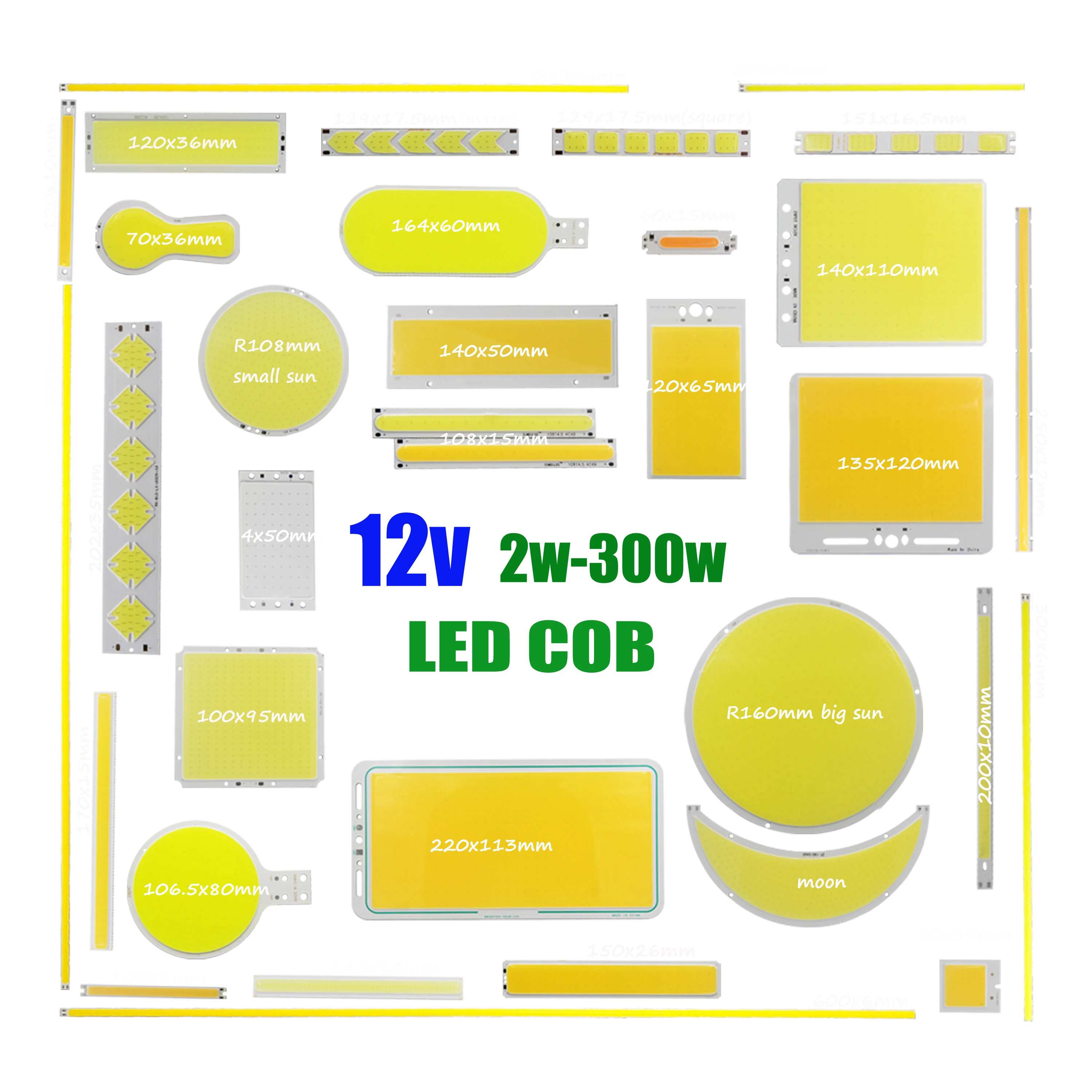 DC 12V COB Bulbs LED Chip Panel Lighting 2W-300W Various Size COB Modules Warm Color Natural Cool White Red Green Blue DIY Lamps