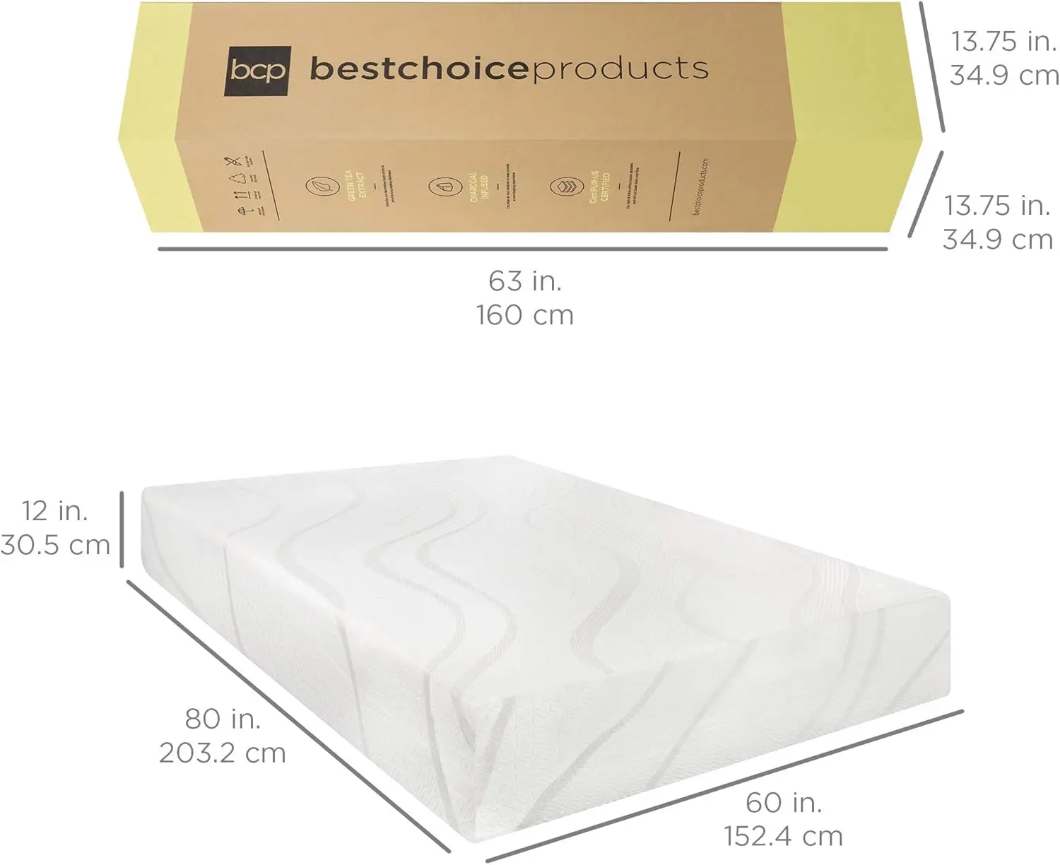 Choice Products 12 Inch, Green Tea Charcoal 12 Inch, Green Tea Charcoal Cooling Gel Memory Foam Mattress, Fiberglass Free,