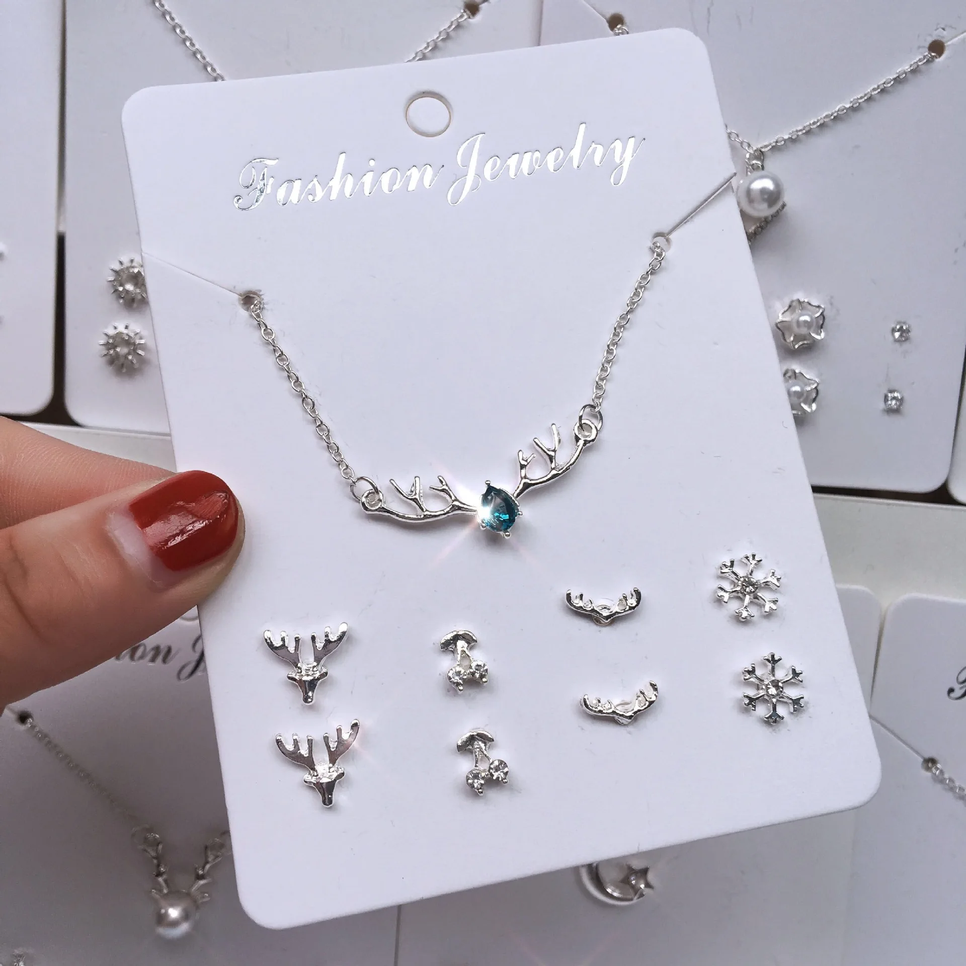 Christmas Gift Letter Pearl Elk Necklace Ear Stud Earrings Jewelry Set