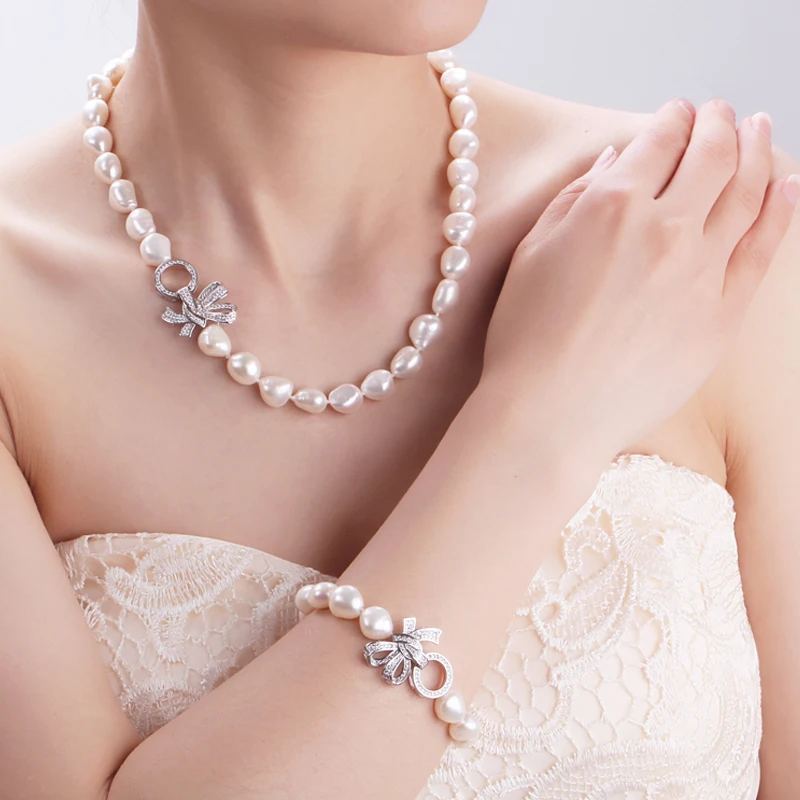 Genuine Pearl Necklace Sets For Women,Natural Freshwater White Pearl Necklace Bracelet Jewelry Sets Wife Mother Gifts