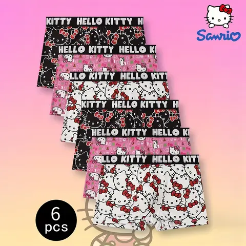 6pcs Hello Kitty Print Men's Sports Boxers Pantie Trunks Underwear Plus Size Breathable Fast Drying Underwear Women's BoxerBrief