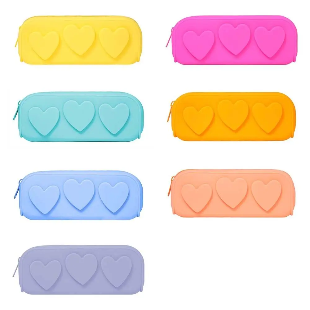 Waterproof Silicone Pencil Case Makeup Brush Holder Large Capacity Soft Pencil Pouch Love Heart Macaroon Color