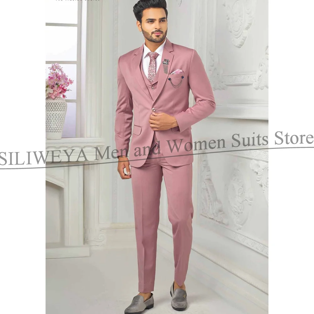 

Pink Men Suits 3 Piece Chic Notch Lapel Single Breasted Wedding Tuxedo Fashion Smart Casual Male Suit (Jacket+Vest+Pants)