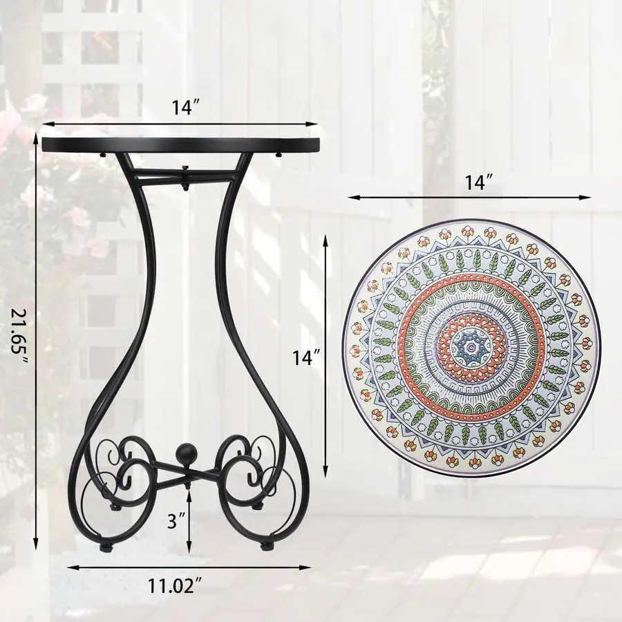 Mosaic Outdoor Side Table, Round Rustproof Patio Tables with 14 Ceramic Tile Top, Indoor Porch Accent Table for Yard, Garden, Li