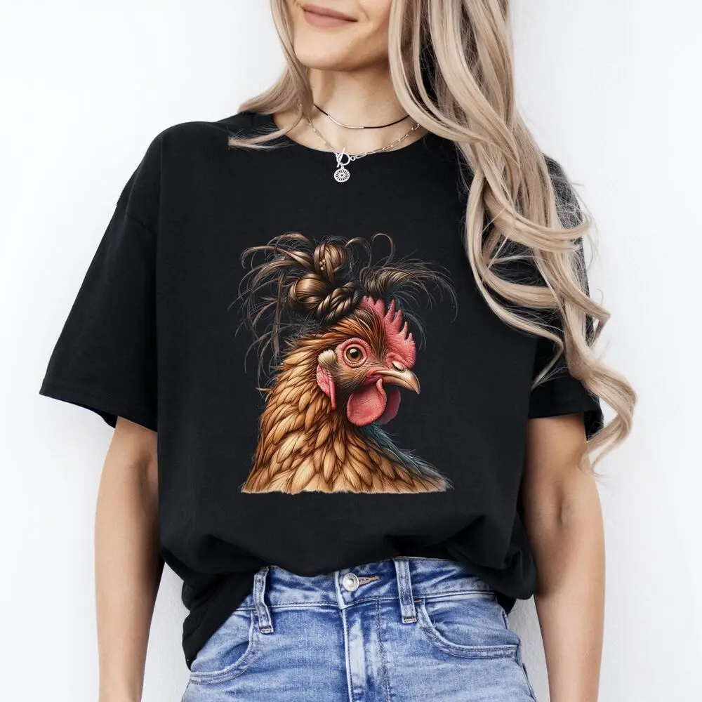 Messy Bun Hen T-Shirt gift Funny Messy bun farmer chick lover Unisex tee Black N High Quality 100%Cotton Short Sleeve