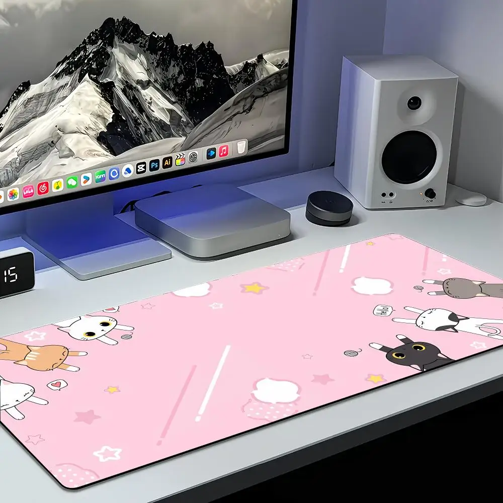 The Black Cat on the Clouds Keyboard Mouse pad Kawaii Art style patterns Pink Desk Mat PC Gamer Rug Office Carpet Home Table pad