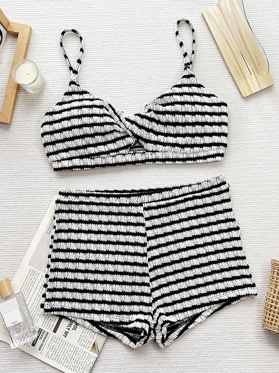 

Морщинистый полосатый бикини с высокой талией, женский купальник, женский купальник, комплект бикини из двух частей, шорты, купальный костюм, купальный костюм