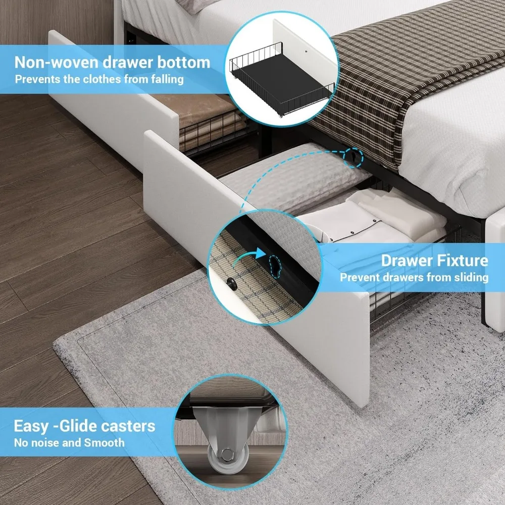 California King-White Bed Frame com gavetas de armazenamento e luzes led, estofados plataforma de armazenamento com USB e cabeceira, 4 cabeceiras