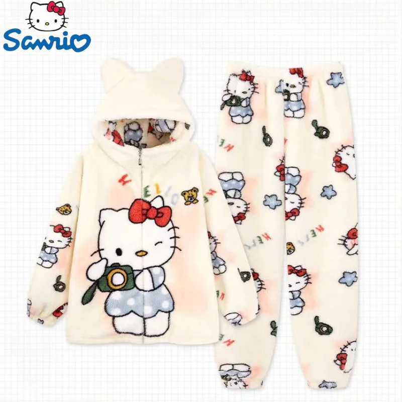 

New sanrio Hello Kitty my melody kuromi Hangyodon personalized creative velvet thickened pajamas cartoon anime movie loose set