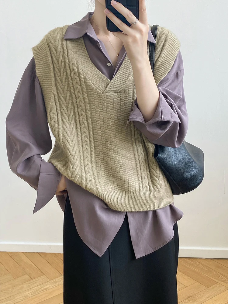Retro Twist ey Knitted Vest Women's Sle Early Autumn Outerwear V-Ne Layered Loose Autumn Winter Sweater Vest Outerwear