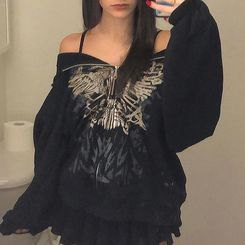 

Hot Sale Women's Casual Long Sleeve Loose Cardigan Retro Print Zipper Fashion Black Hooded Sweatshirt Tops