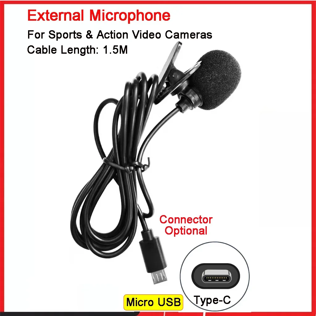 

High Fidelity External Microphone For Go Waterproof Pro Sport Camera Action Camera Micro USB/Type-C Connector Cable Length 1.5M