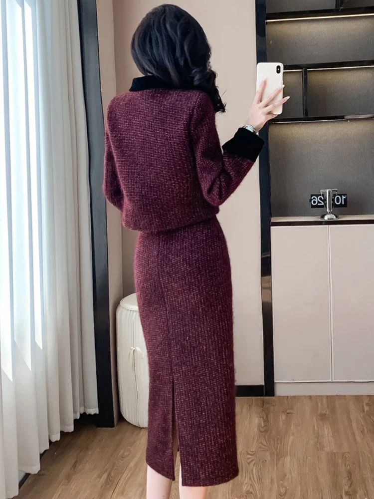 Thickend 2-Piece Set Women Office Clothes Fall/Winter Elegant Red Quilted Short Coat Top High Waist Long Skirt Slim Suit Female