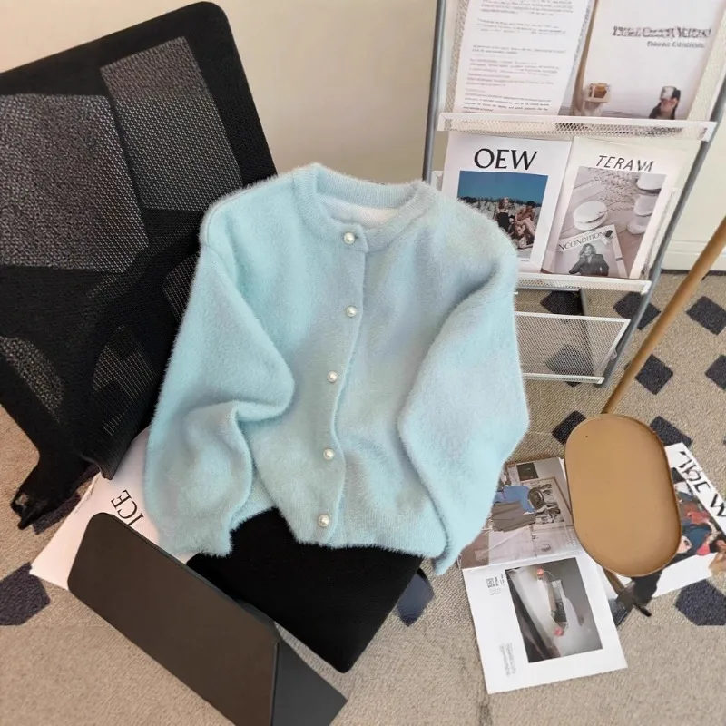 

FL Simple O-neck Single-breasted Imitation Mink Velvet Knitted Sweater 2023 Casual Loose Soft Pearl Buttons Cardigan Women 2026