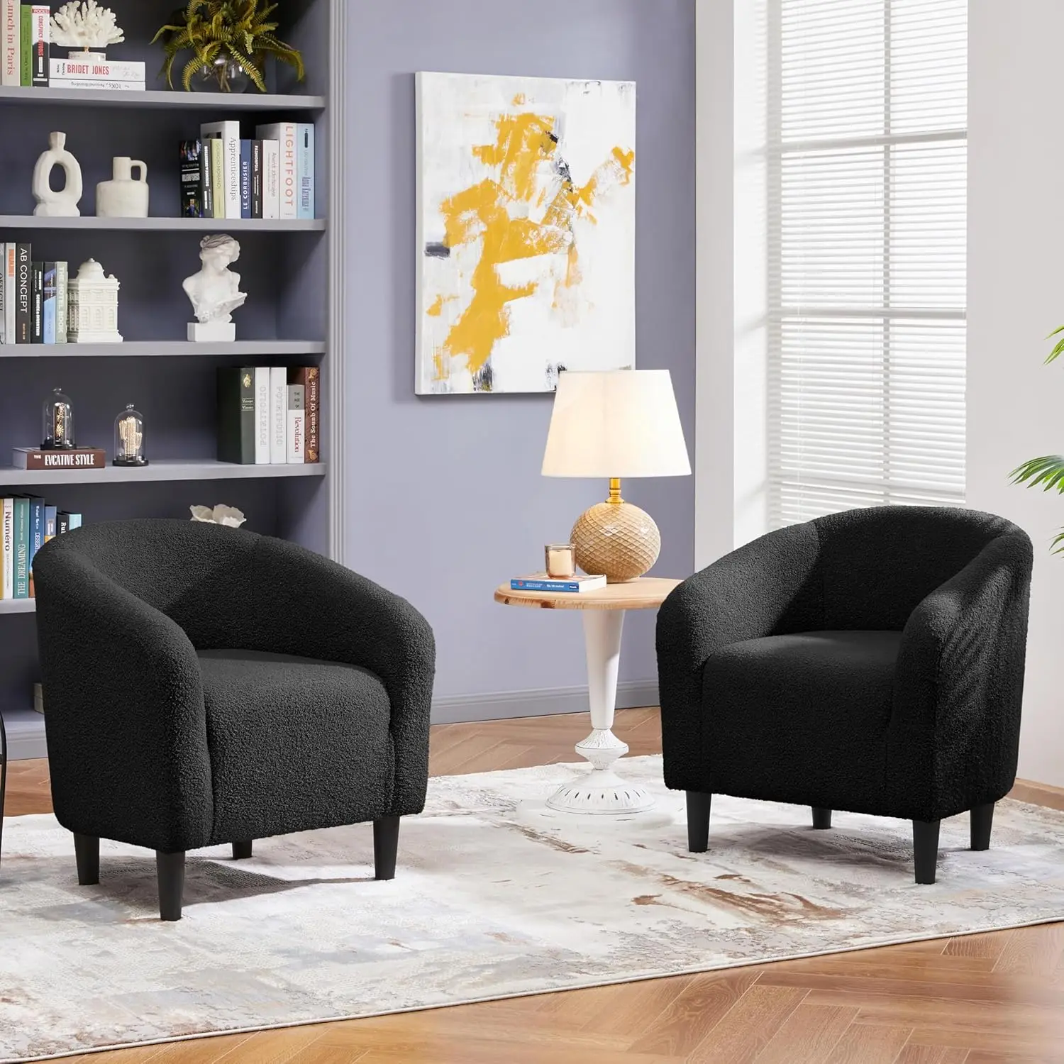 Armchair Set of 2, Boucle Chair, Furry Sherpa Siting Chair with Cozy Soft Padded for Living Room Bedroom Reception Office, Black