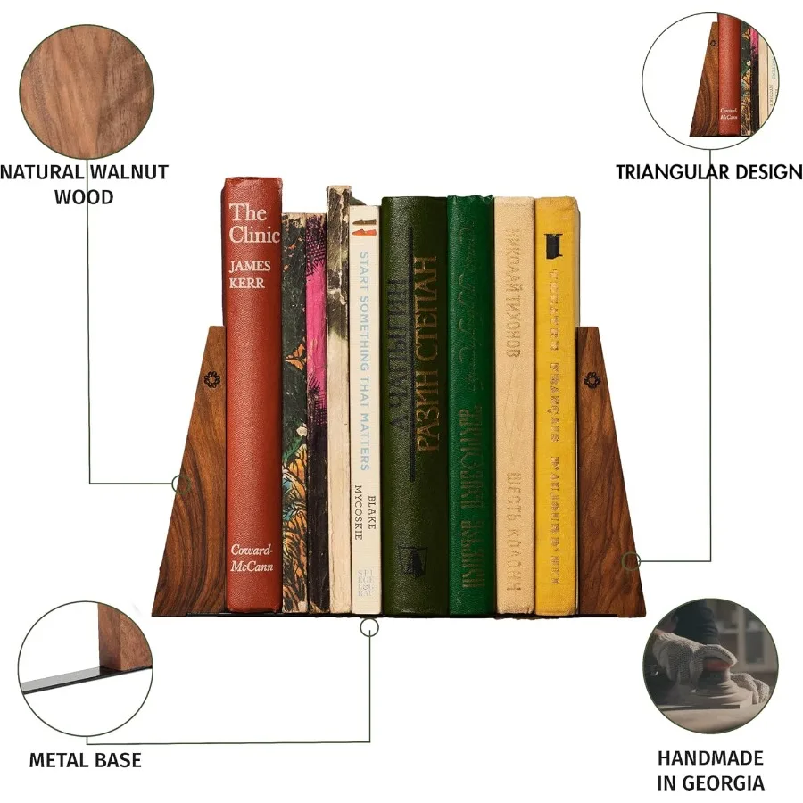 Sujetalibros de nogal para estantes, extremos de libros de madera para estantes, soportes para libros resistentes, tapones con Base de Metal para estanterías Slick Dec