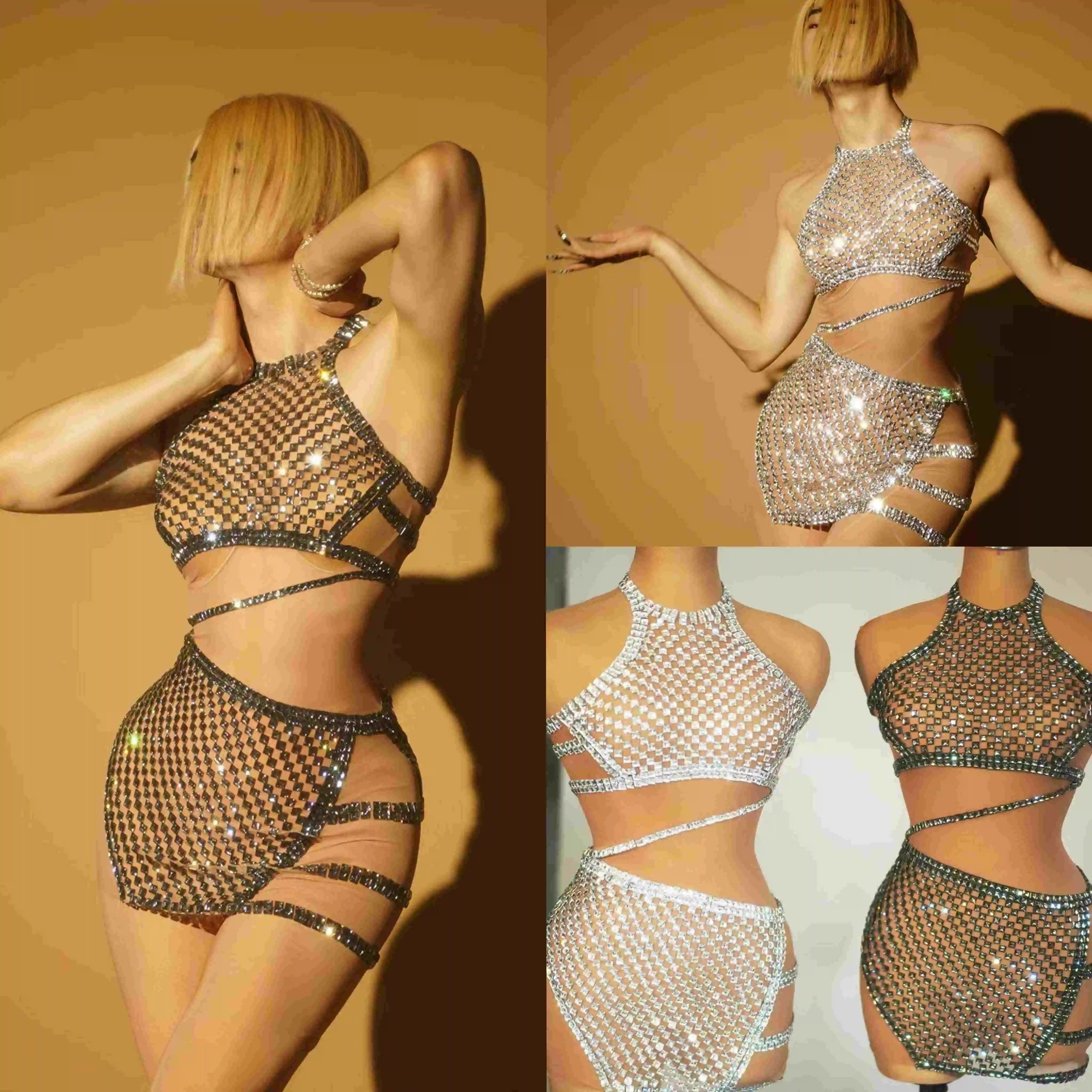 Sexy Singer Rhinestone Mesh Dress Nightclub Bar Pole Dance Outfits Opening Show Wear Dj Ds Women Gogo Stage Costumes DN21479