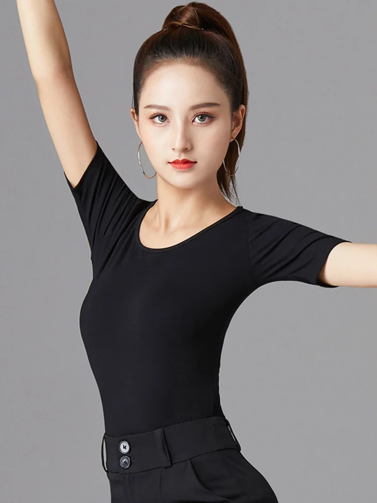 Solid Color Ballroom Waltz Slim Fit Backless Top Jazz Short Sleeves Standard Stage Costume Dance Luxury Latin Women Line T-shirt