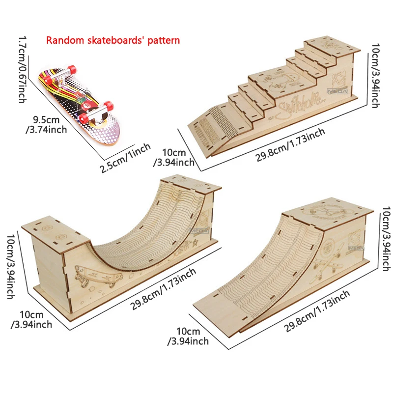 Unassembled Wooden Finger Skateboard Skatepark Kit with Roller Skating Handcart - Professional Fingerboard Platform Set Toy