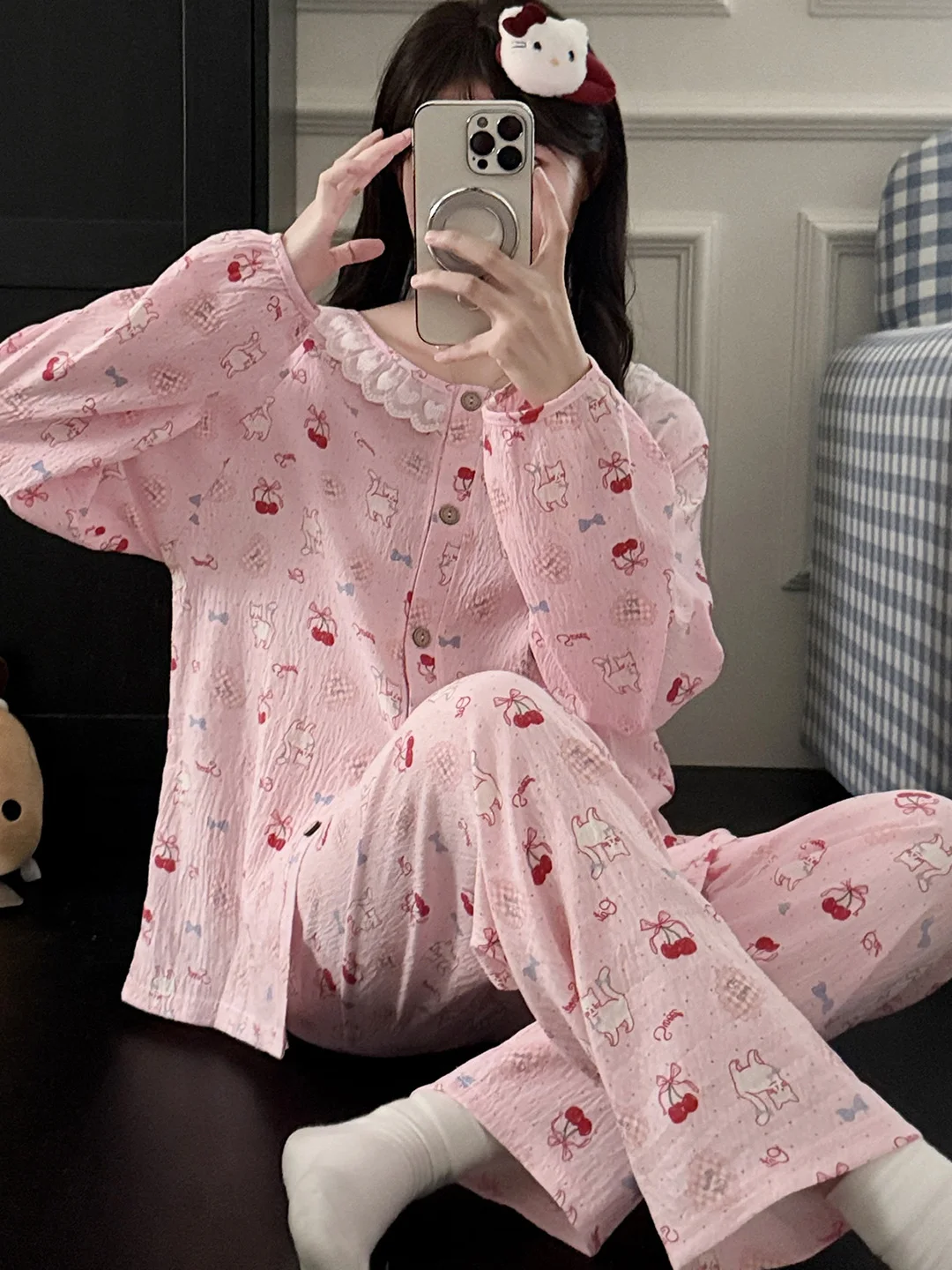 Cloud Cotton Long Sleeve Long Pants Sleepwear Set for Women Spring Autumn Cute Cherry  Home Clothes Outwear Soft Breathable