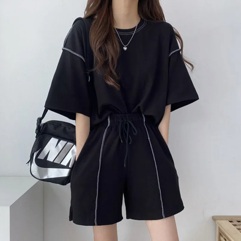 

% Cotton Suit Women's Short-Sleeved Shorts Two-Piece Set Student Korean Style Summer Casual Sportswear Loose