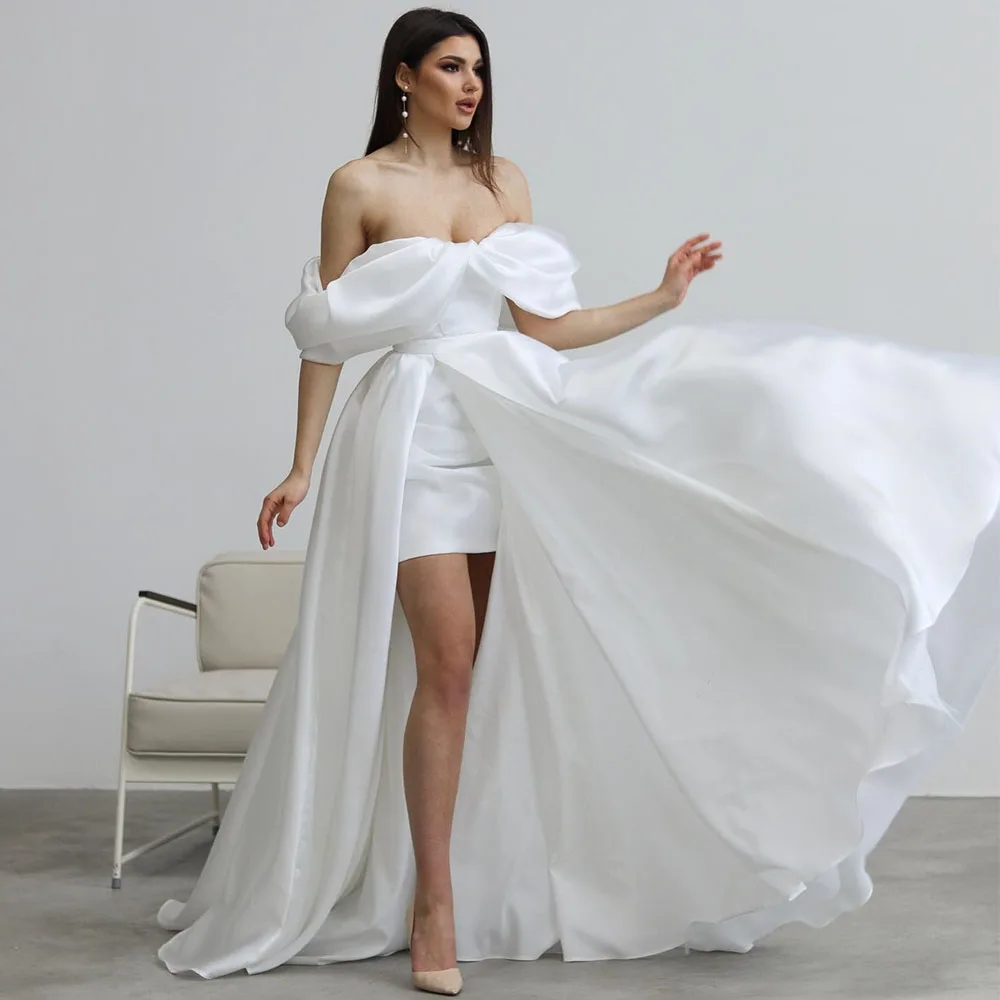 

Modern Ivory Mini Short Wedding Dress For Women Off The Shoulder Mermaid Wedding Gown Lace Up Bridal Gown With Detachable Train